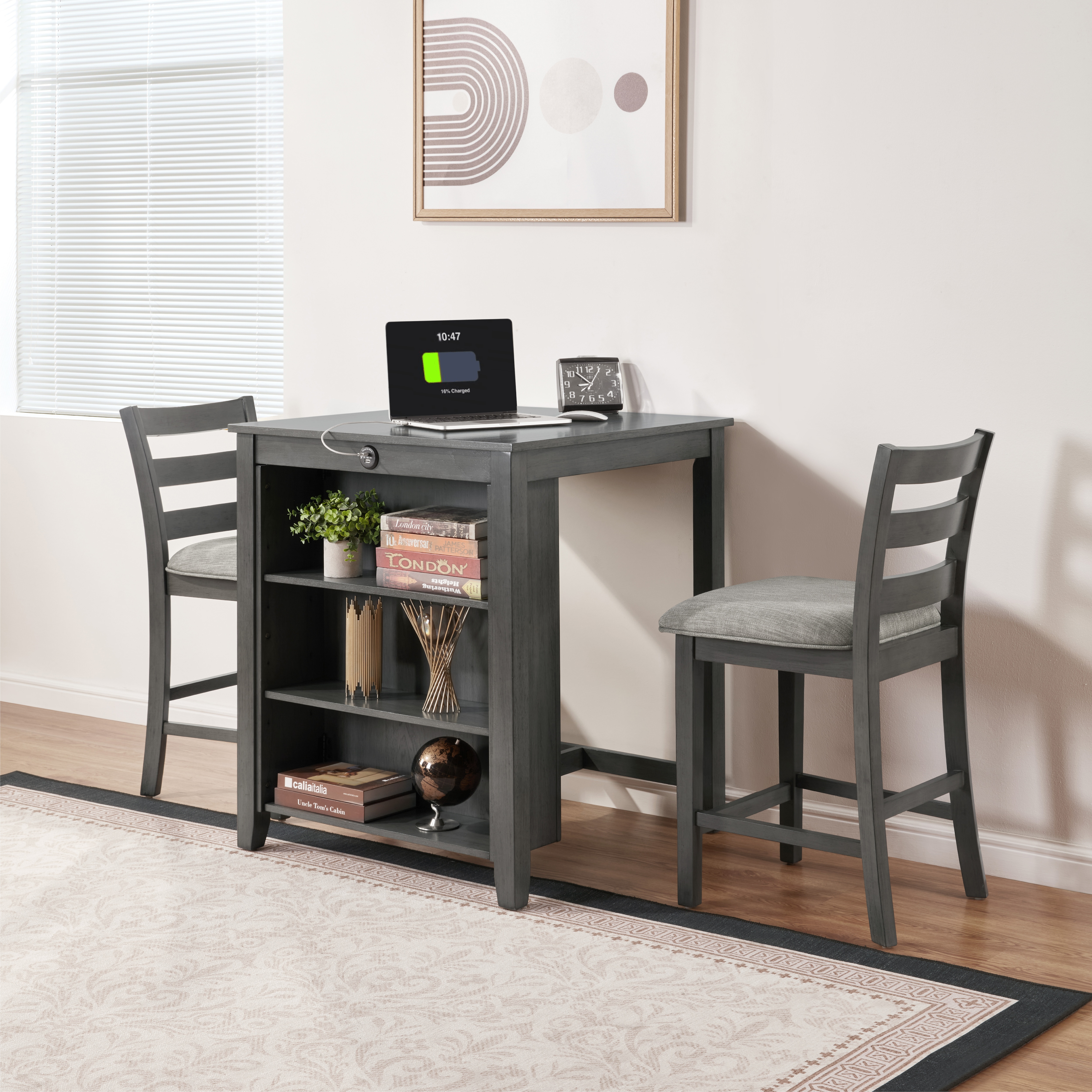 30" Modern Dining Table Set for 2 with Charging Station & 3-Tier Adjustable Storage | Space-Saving Kitchen Set with Upholstered Chairs for Small Spaces, Apartment,Gray 30" Modern Dining Table Set for 2 with Charging Station & 3-Tier Adjustable Storage | Space-Saving Kitchen Set with Upholstered Chairs for Small Spaces, Apartment,Gray